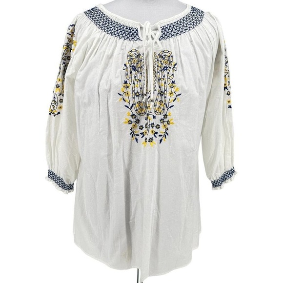 Multiples Peasant Blouse‎ Womens 1X White Blue Yellow Embroidered Cotton - Picture 3 of 9